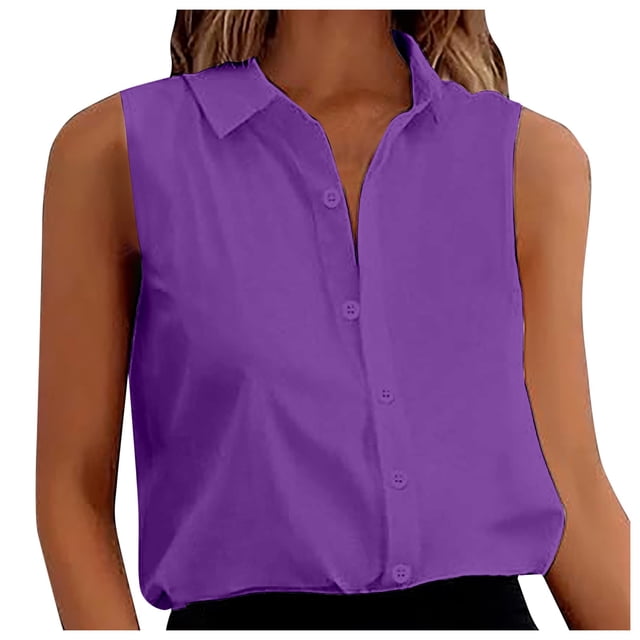 Women Sleeveless Button Down Shirts Chiffon V Neck Loose For Work Casual