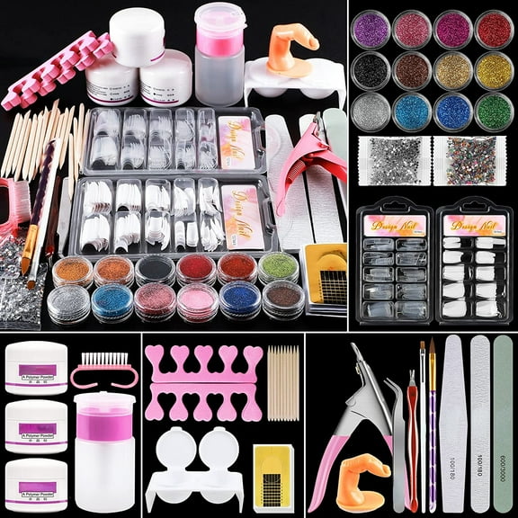 Acrylic Nail Kit 12 Colors Glitter Acrylic Powder Kit False Nail Tips Nail Art Rhinestones Nail Decorations Nail Tools Manicure Set for Women by Peacecolor