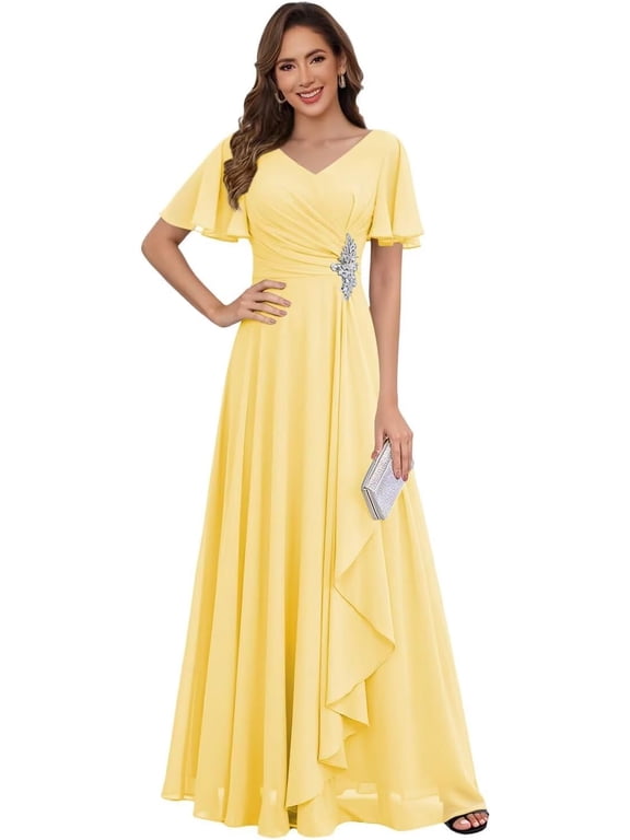 Women's Chiffon Mother of The Bride Dresses 2026 Flutter Sleeve A Line Formal Evening Dress ZU005