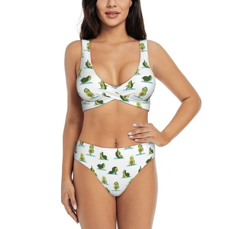 Zeuib Cute Avocado Yoga High Waisted Tummy Control Bikini Set - Knot Front Push Up Top & Cheeky Thong Bottom  Two-Piece Swimsuit for Women-Large