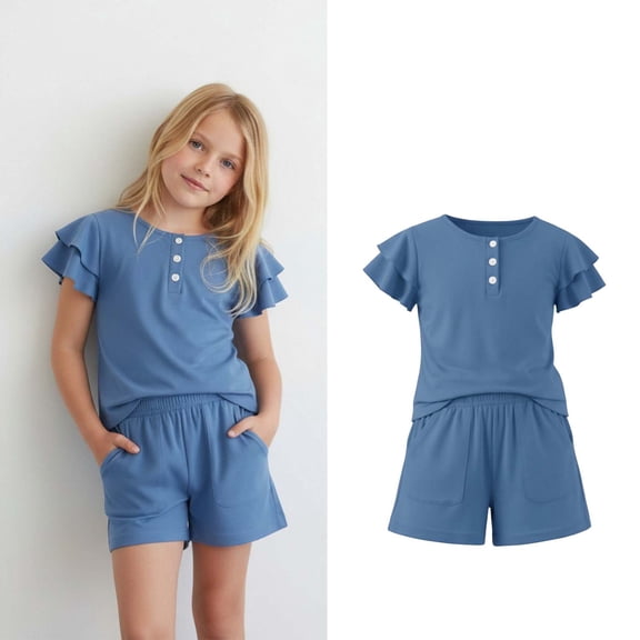 Girls Two Piece Outfits Short Sleeve Crew Neck Button Top and Shorts Set Girls Summer Clothes Tween Outfits 11-12 Years Girls Trendy