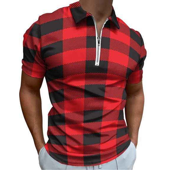 Buffalo Plaid Red Black Men Zipper T-shirt Summer Casual Short Sleeve T-shirt Top