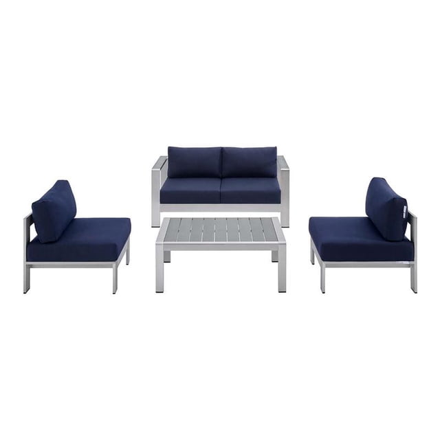Modway Shore Sunbrella 4-piece Fabric Outdoor Patio Set in Silver/Navy