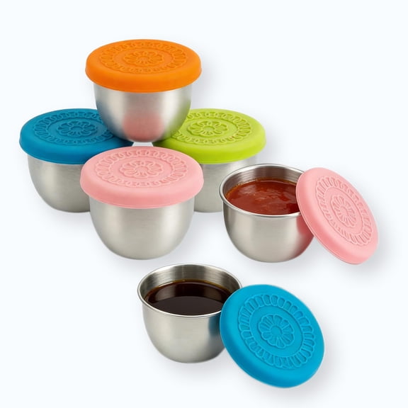 4 Pack Salad Dressing Container To Go, 2.4oz Small Condiment Containers with Leakproof Silicone Lids, Reusable Stainless Steel Sauce Cups for Lunch Bento Box, Picnic and Travel