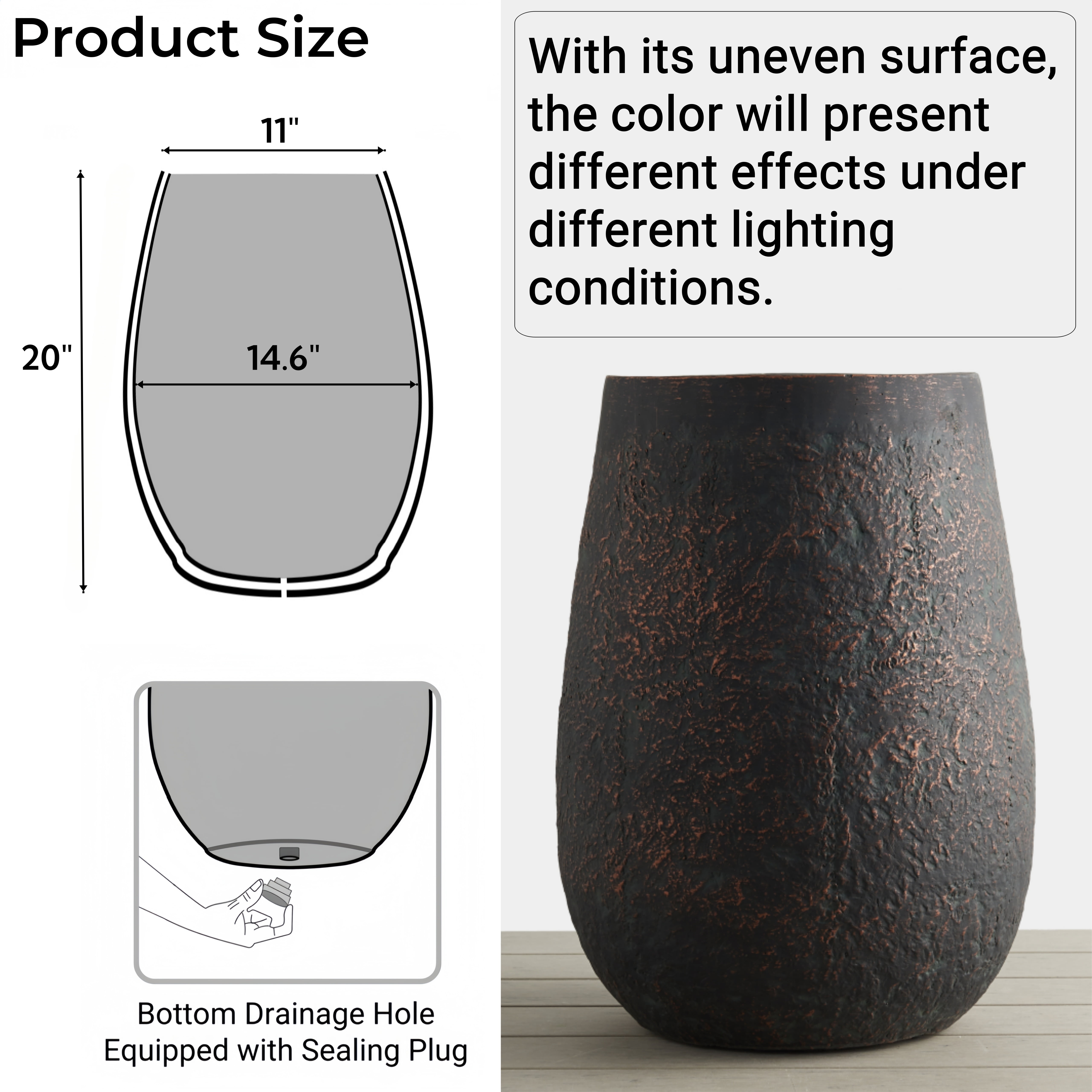Wallowa 20 Inch Hight Weathered Concrete Planter,  Large Flower Pot with Drainage Hole, Tall Planter for Home, Garden, Patio, Courtyard, Bronze Rust