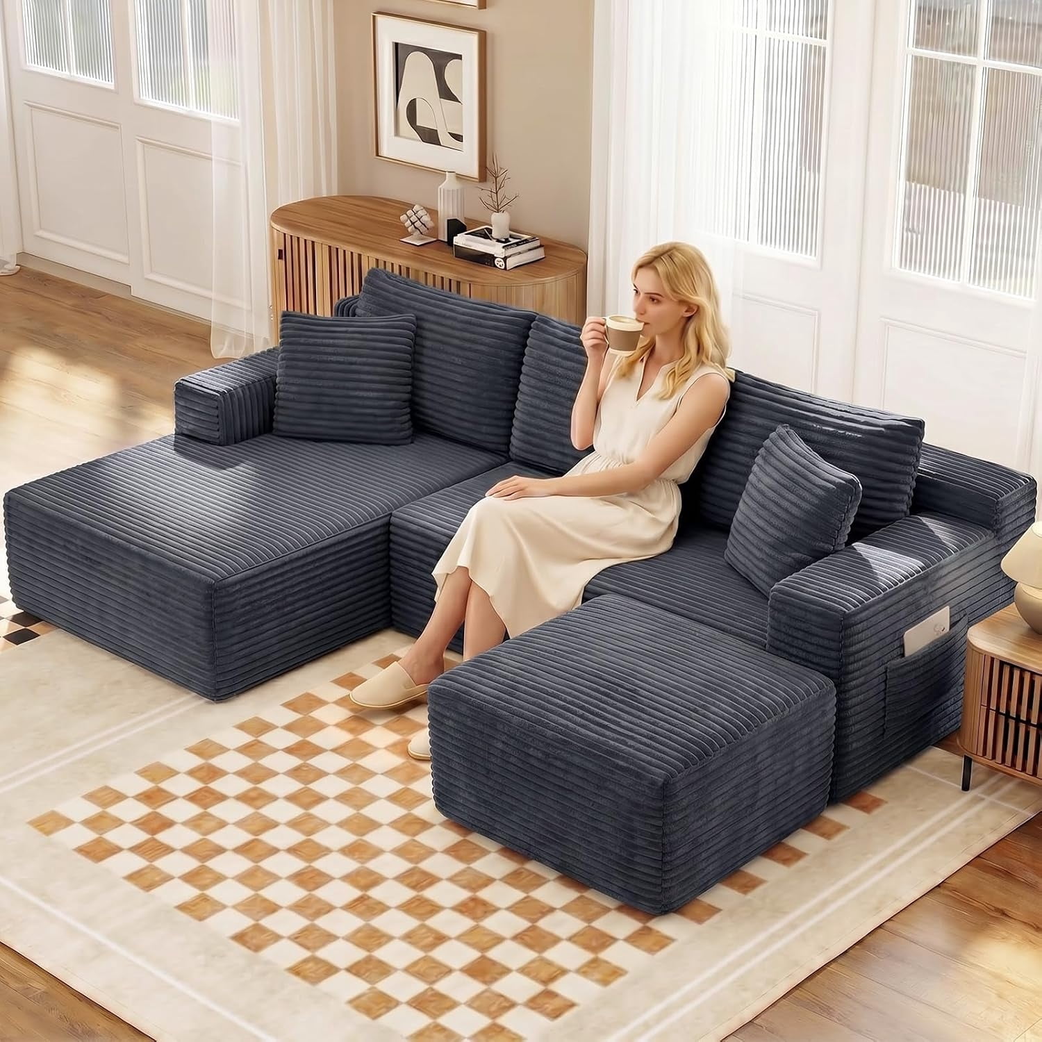 MOONMISS Small Modular Sectional Sofa with Movable Chaise and Ottoman,U-Shaped Boneless Cloud Couch for Living Room Apartment,Gray(Left Facing Chaise)