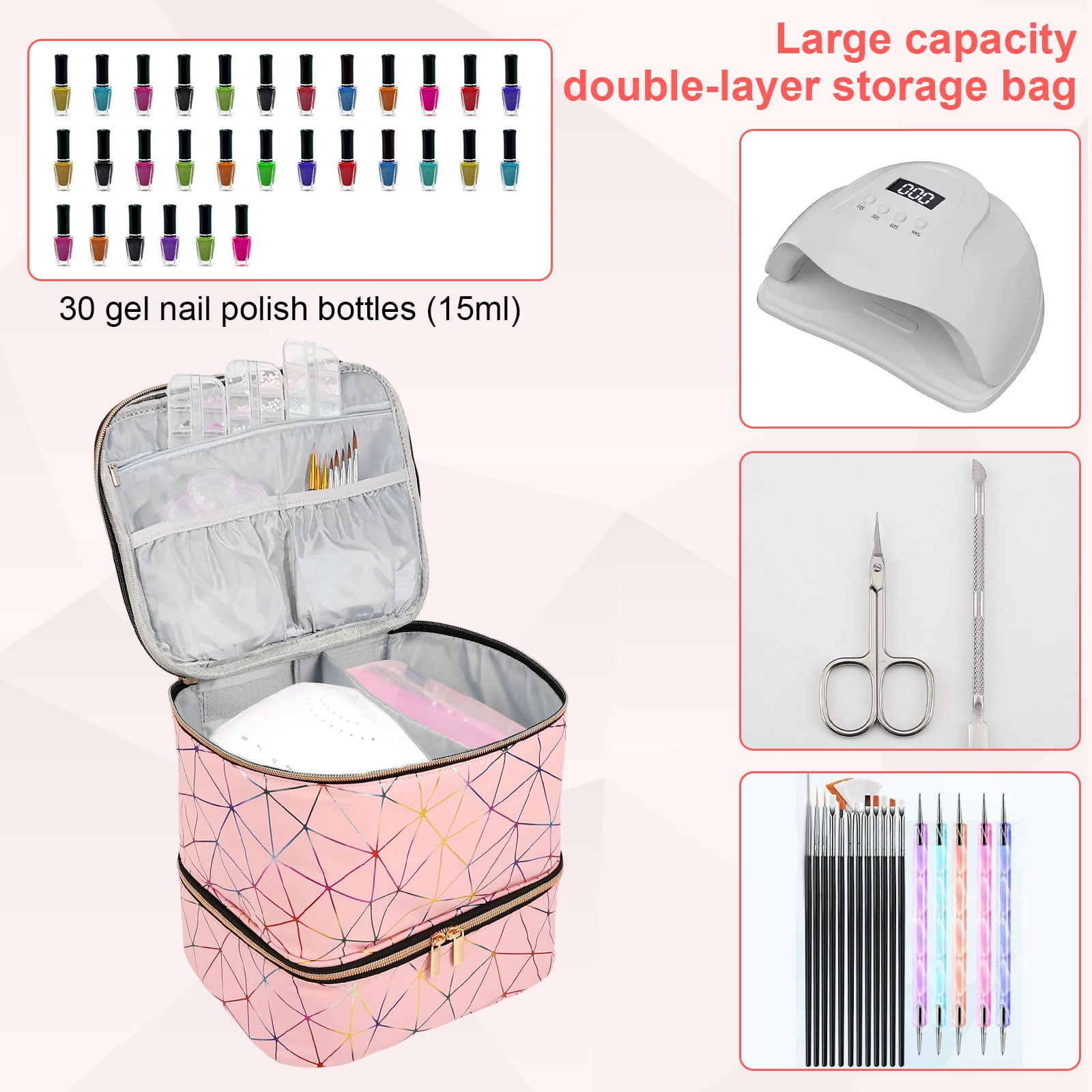 FUYGRCJ Compartmental Holographic Nail Polish Organizer Bag, Zipper Closure Double Layers Nail Supplies Storage Box for Home Travel Salon Use