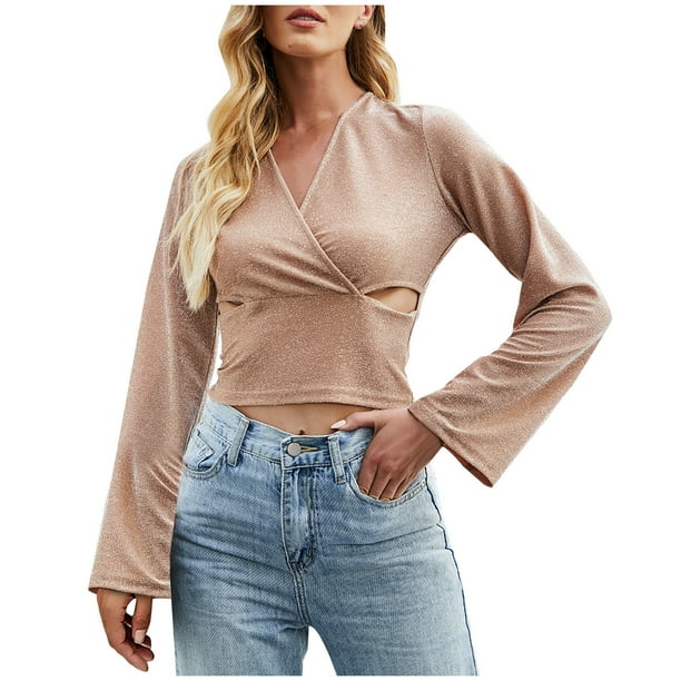 Tops de manga larga con cuello en V cruzado para mujer, informal, a la moda, de Color sólido Fridja bvmnju4843