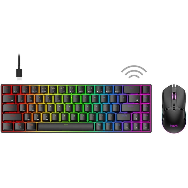 Teclado mecánico inalámbrico y mouse con cable, Bluetooth 5.1 y tipo C Teclado para juegos con cable de 68 teclas Interruptor marrón, mouse para juegos programable (negro) para jugadores de PC
