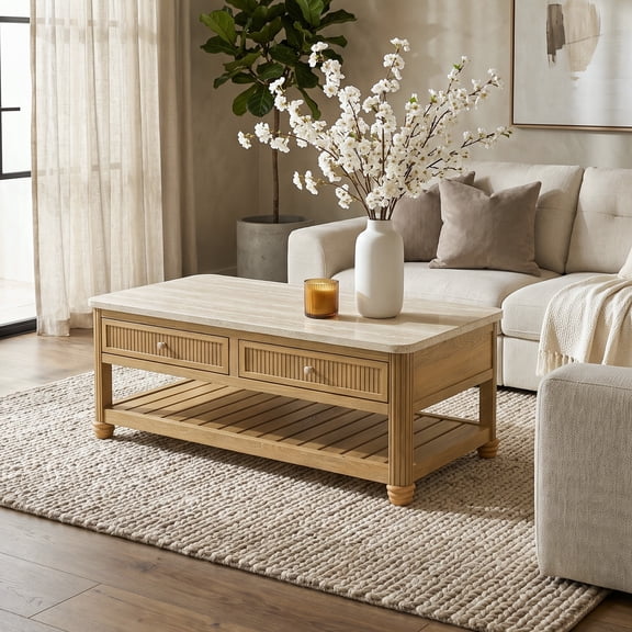 COLAMY RILLE 47" Coffee Table with Storage & 2 Drawers, Rectangular Travertine Fluted Wood Coffee Tables for Living Room, Modern Farmhouse Center Table with Shelf, Oak