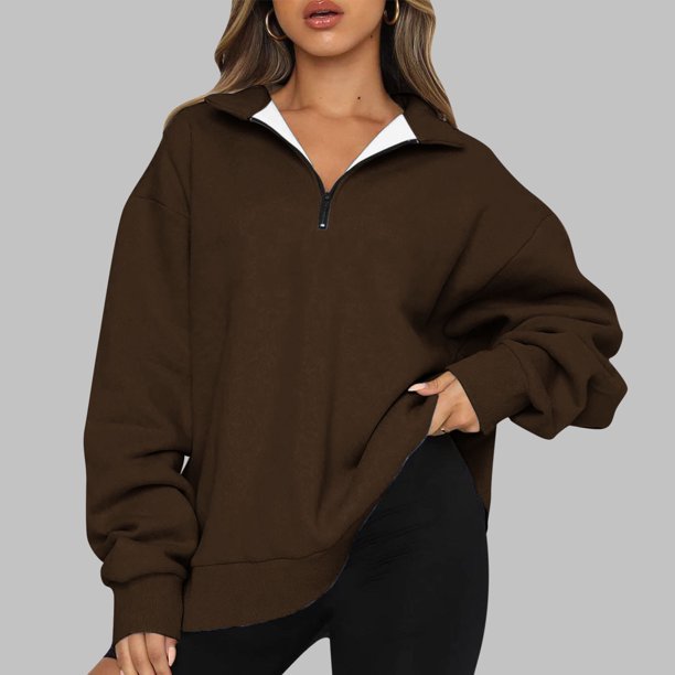 ICHUANYI Clearance Fashion Women Casual Pure Colour Lapel Neck Long Sleeve Loose T-Shirt Blouse Pullover Tops(Coffee, XXL) ICHUANYI WER2023080909368