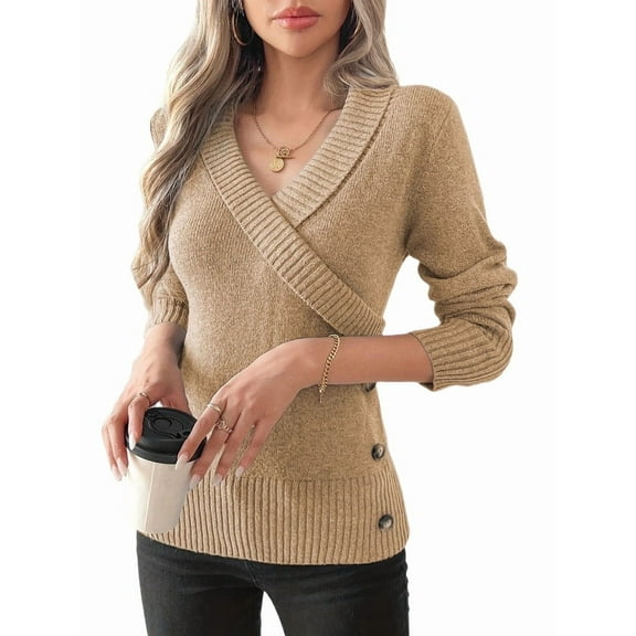 Women V Neck Long Sleeve Sweaters Criss -Wrap Ruched Pullover Fall Tops Khaki S