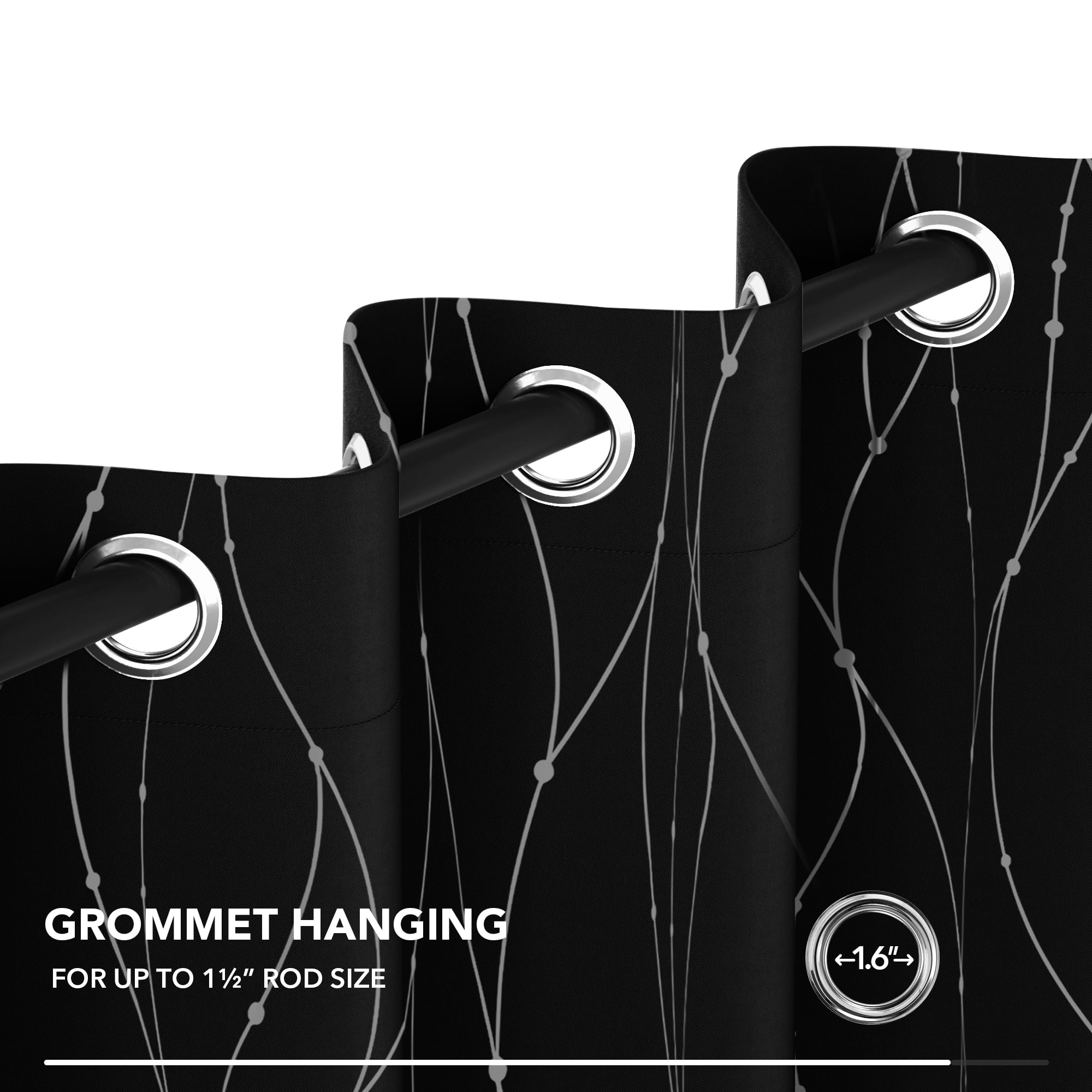 Deconovo Silver Printed Blackout Curtains - 2 Panels, Wave Dots Pattern, Grommet Top, 52"x84", Thermal Insulated Drapes for Bedroom & Living Room, Black