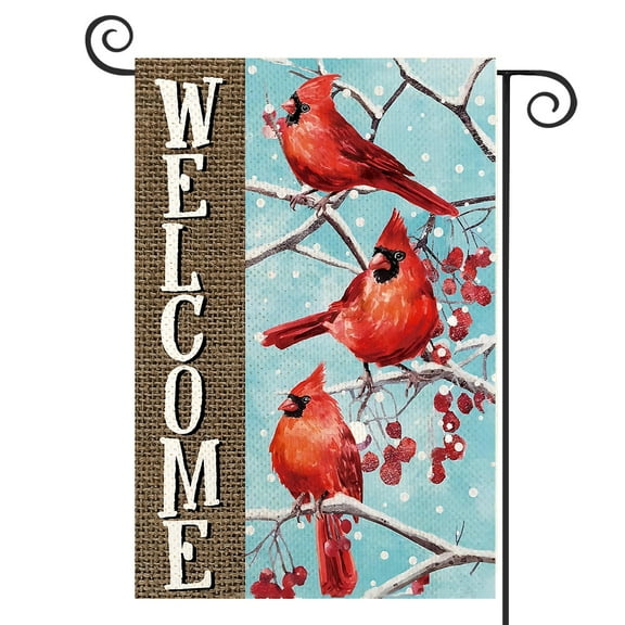 DMERBYL Welcome Cardinal Winter Holiday Garden Flag for Outside Red Cardinal Birds Seasonal Christmas Flag 12x18 Double Sided Farmhouse Small Yard Flags for Outdoor Yard Lawn Decoration