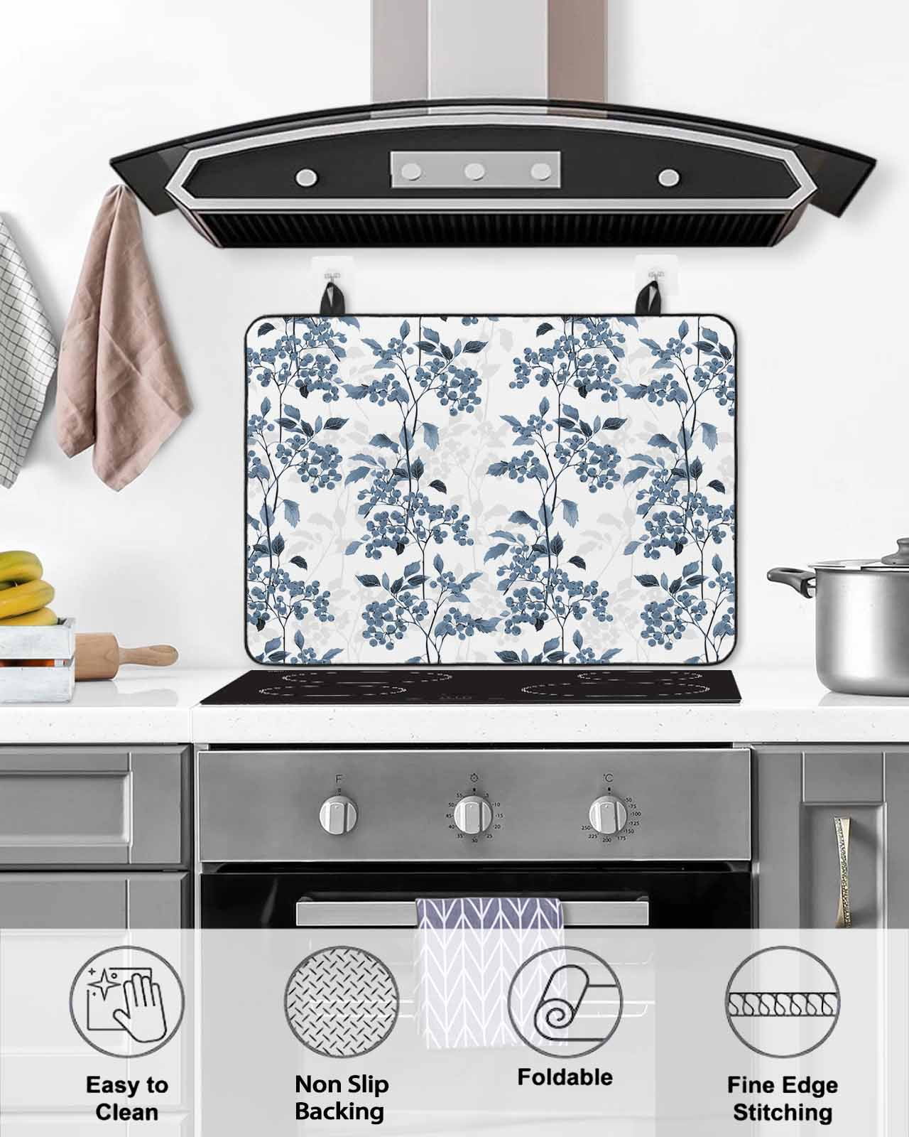 nqOlkjepod Large Induction Cooktop Protector Mat 36"x21", Blue Botanical Stove Top Covers for Electric Stove, Vintage Nature Flower Floral Decorative Stove Burner Cover Mats, Glass Top Stove Cover