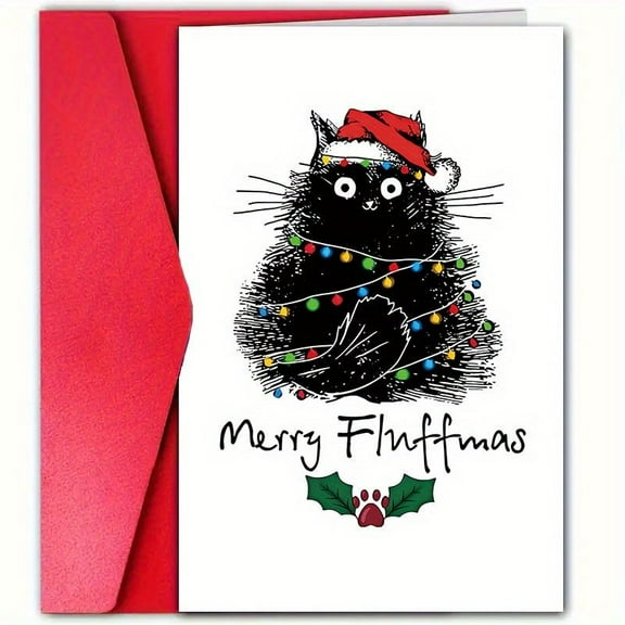 Merry Fluffmas Christmas Card - Adorable Cat with Lights & Santa Hat - Perfect Holiday Greeting Card for Cat Lovers - Envelope Included, Blank Inside