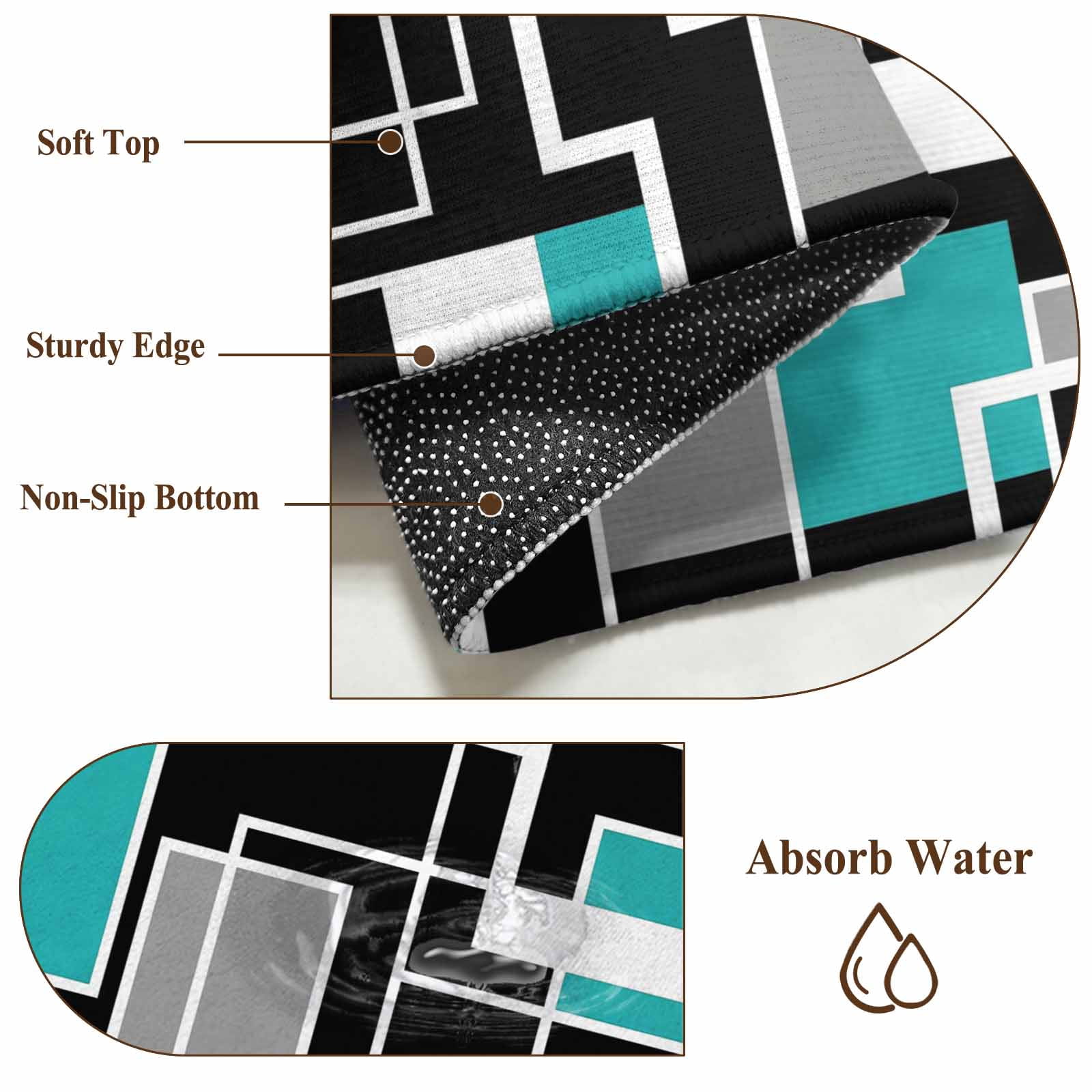 Teal Blue Black Geometric 2'x6' Runner Rugs for Hallway Kitchen Bedside Non Slip Washable, Modern Abstract Art Block Entryway Rug Runners with Rubber Backing, Long Carpet Runner for Laundry Room