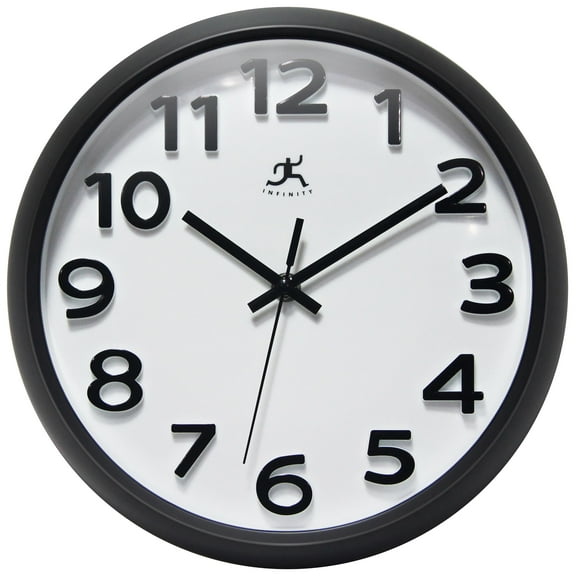 Infinity Instruments Raised Numeral Plastic 10.75" Indoor Wall Clock with Standard Arabic Numbers on Clock Face, Black