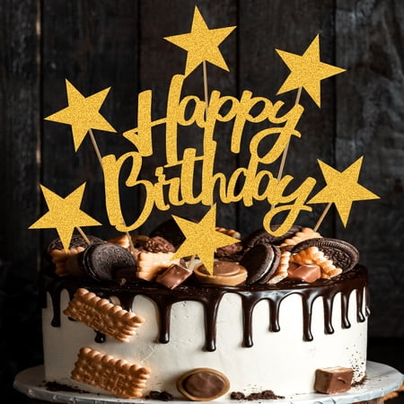 Gold Glitter Happy Birthday Cake Topper Set Cake Decoration with Stars Reusable Party Supplies for Men, Women, Boys & Girls