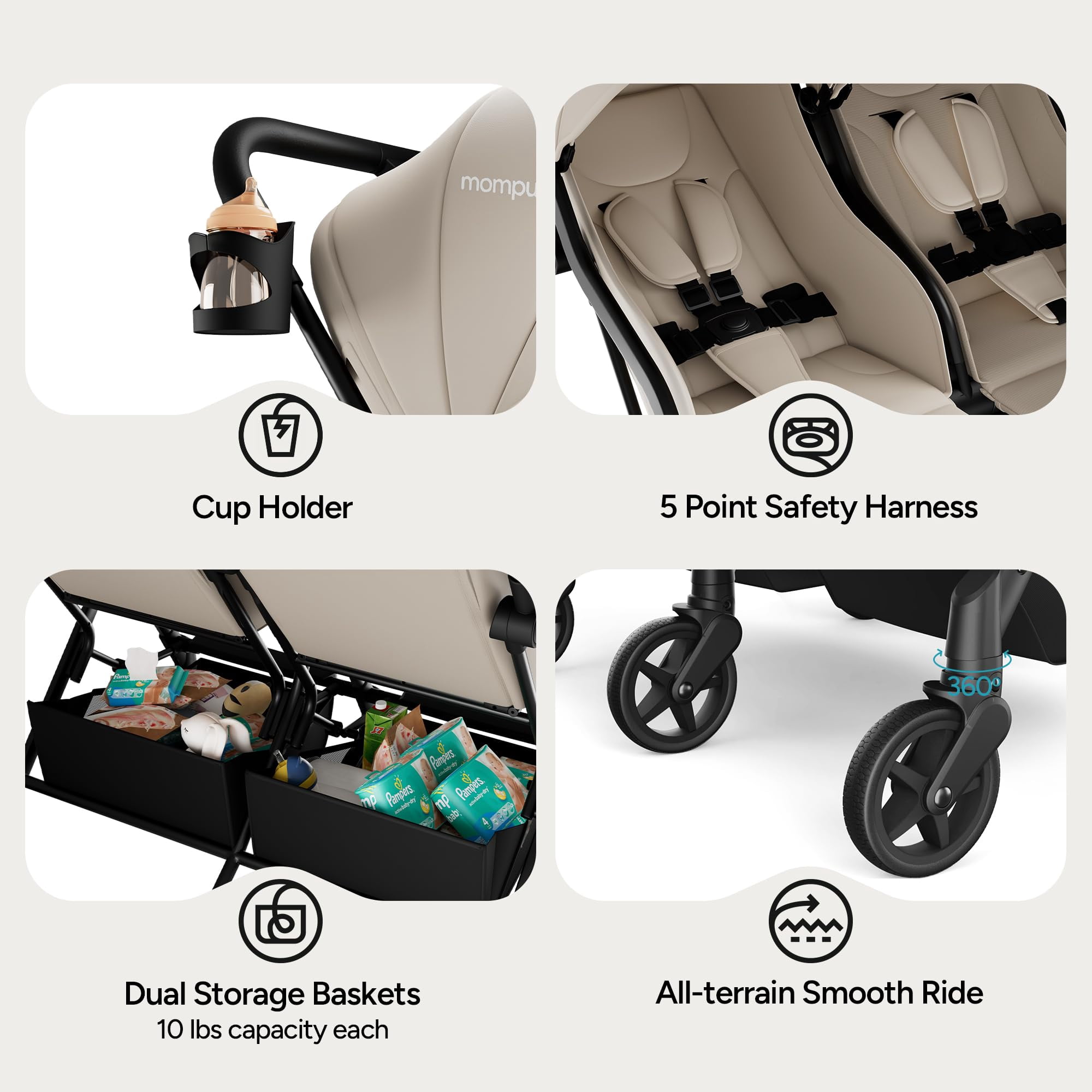 Mompush, Side-by-Side Double Stroller, Lightweight 24.5LB, Black, Reclining  Seats, Compact Fold - Walmart.com