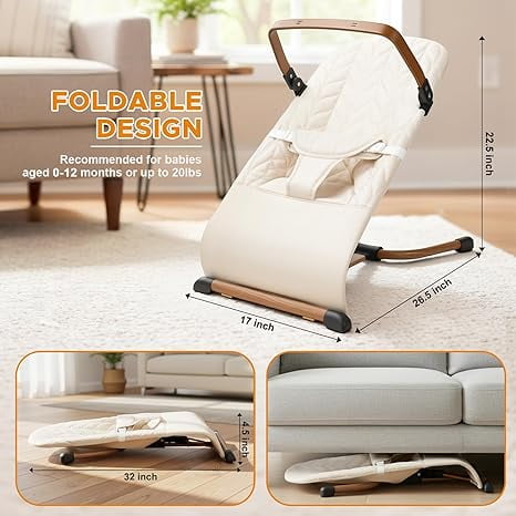 3 in 1 Baby Bouncer (Sit, Play & Relax),3 Recline Positions,Foldable Baby Rocker Chair W/ Removable Wooden Bar for 0-12 Months Infant & Toddler,Beige