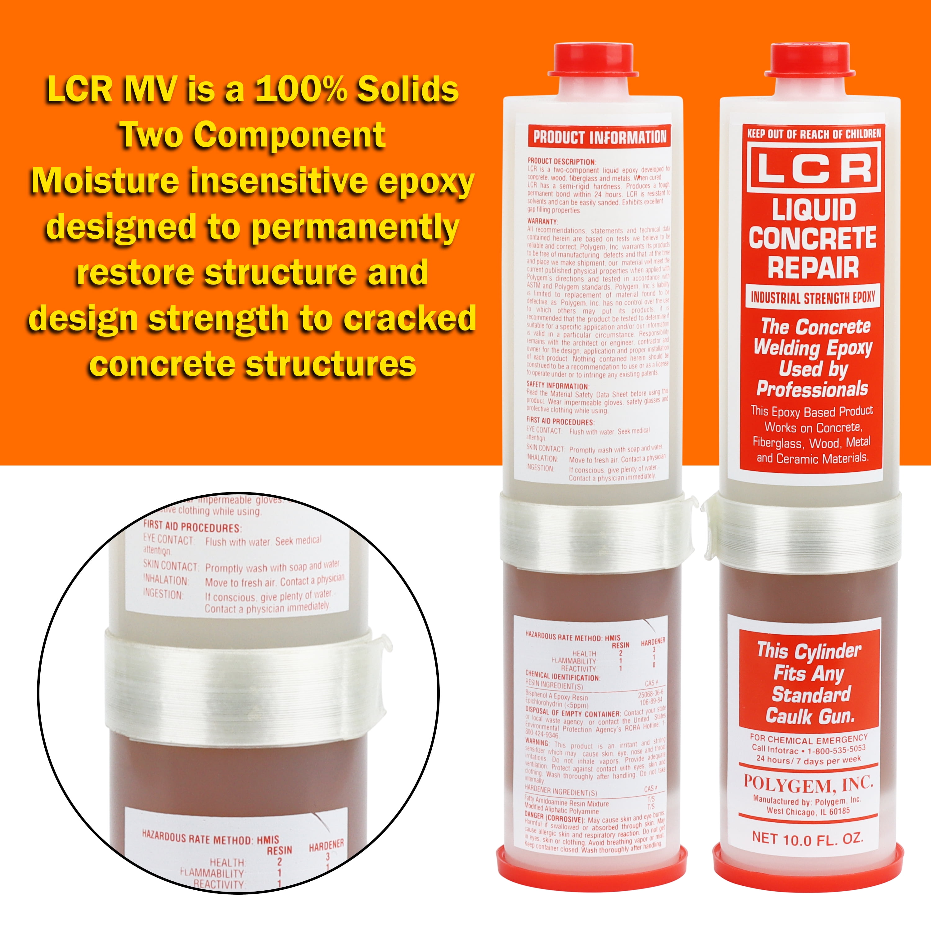 Polygem Injection Epoxy - Amber, 10 oz Cartridge, Structural Crack Filler for Concrete & Wood