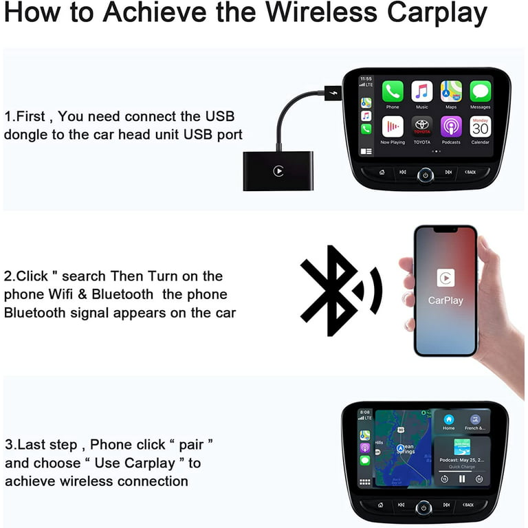 Apple Carplay Wireless Adapter, Wireless Carplay Dongle, Bluetooth Carplay  Adapter, Convert Wired to Wireless, Plug & Play, Easy to Install, Stable