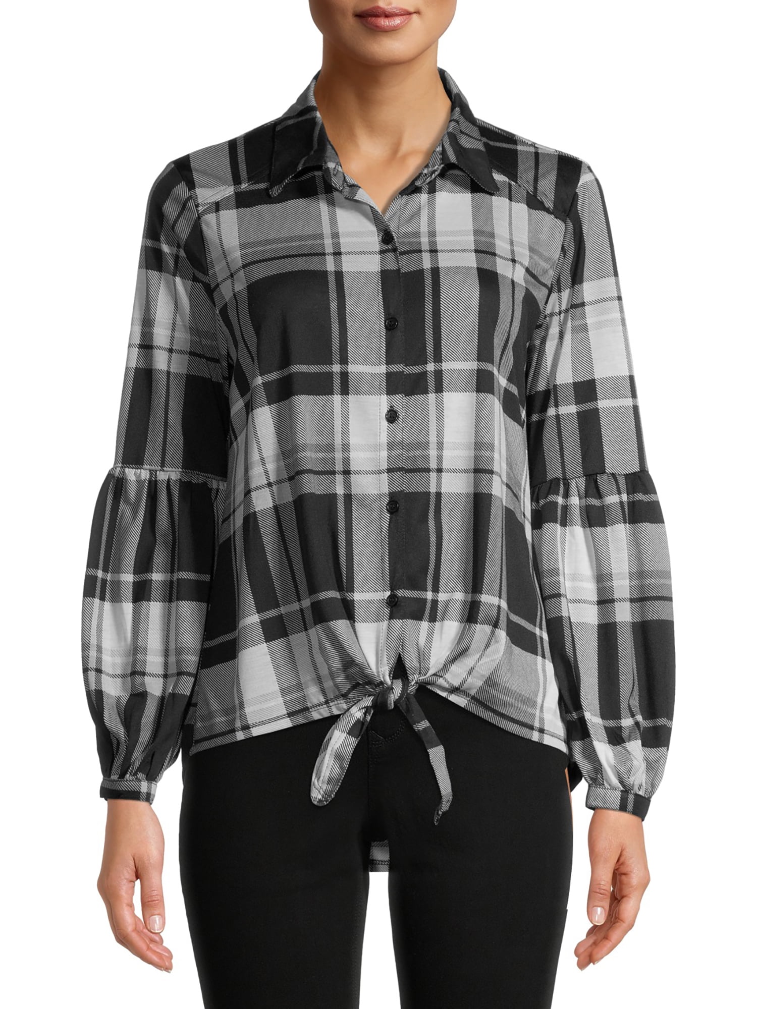 French Laundry Women's Long Sleeve High Low Tie Front Plaid Top