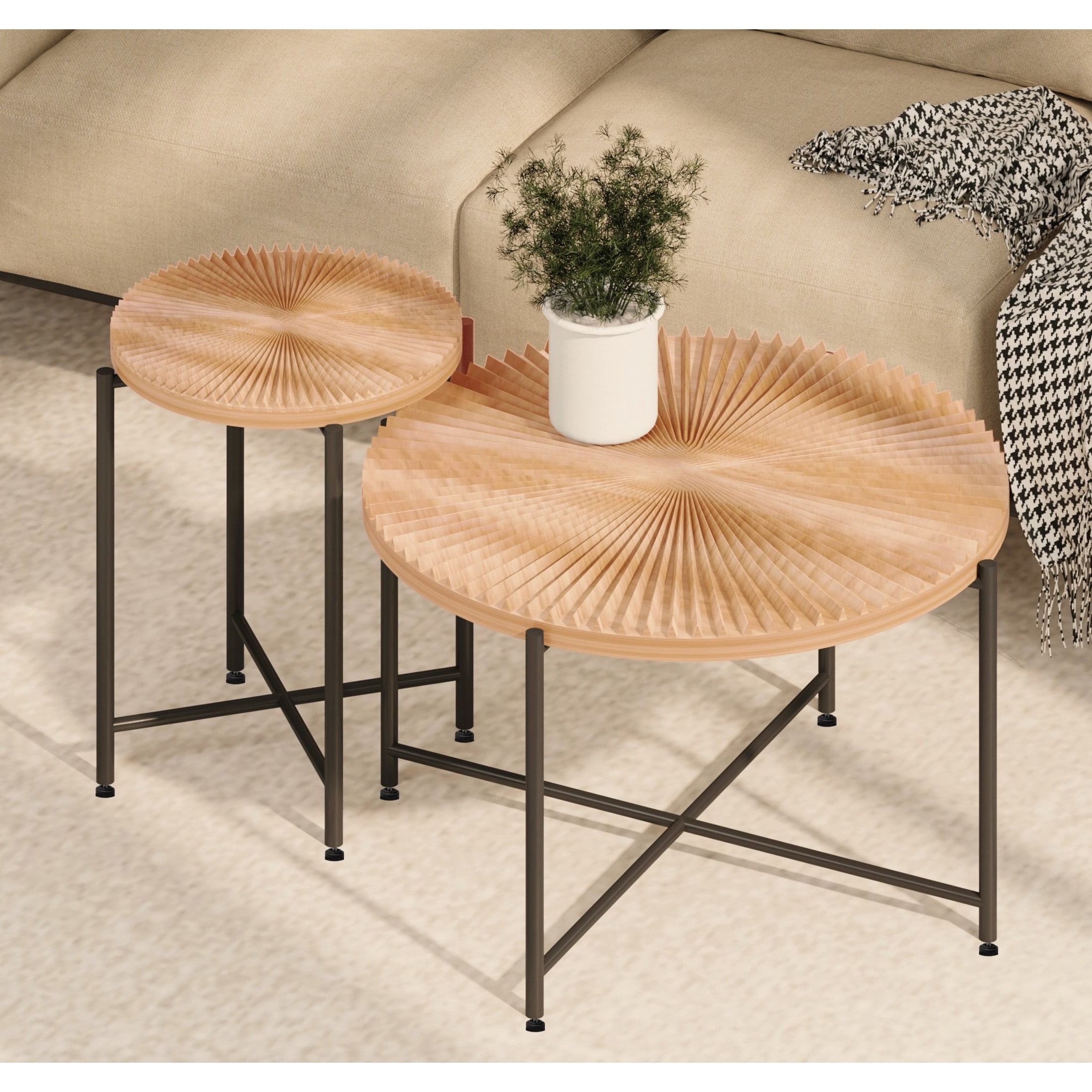 GDF Studio 2-Piece Rustic Coffee and End Table Set, Radial Pattern Tabletops, Black Metal Legs, Brown