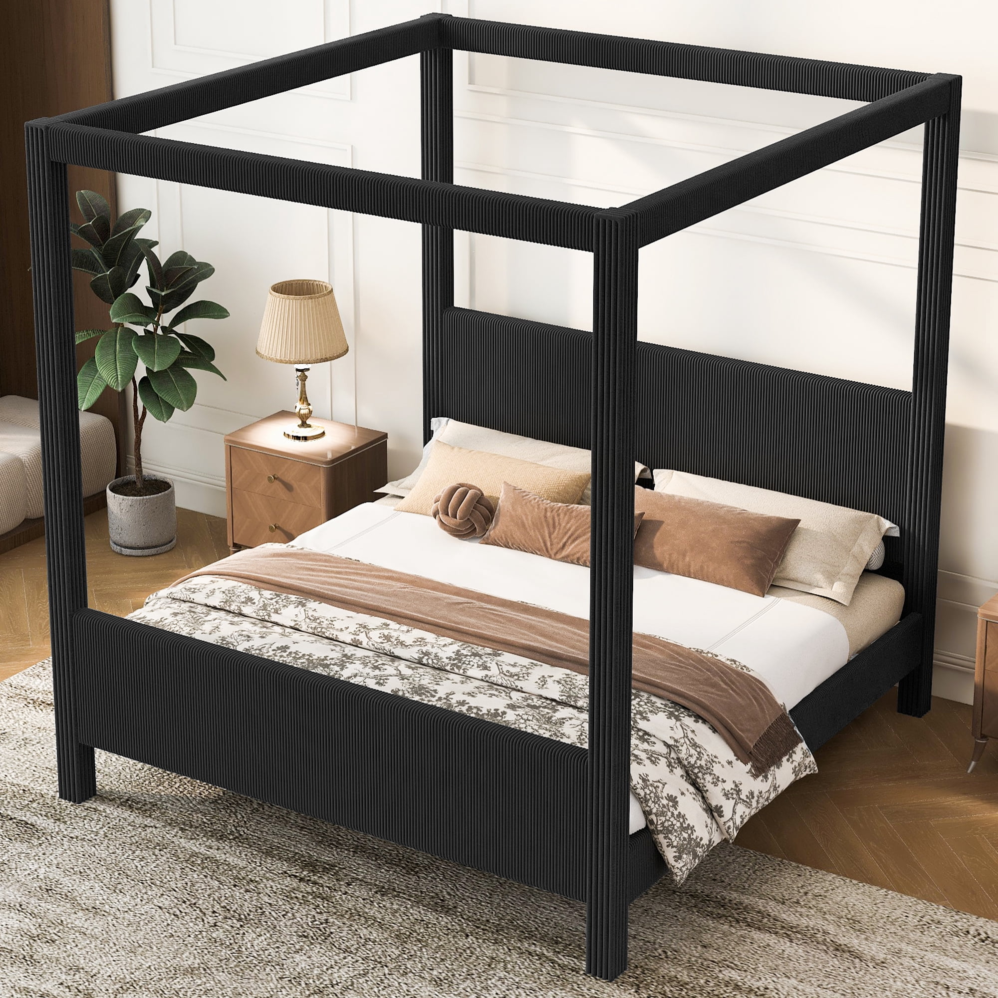 Euroco Upholstery King Size Canopy Platform Bed, No Box Spring Needed, Black