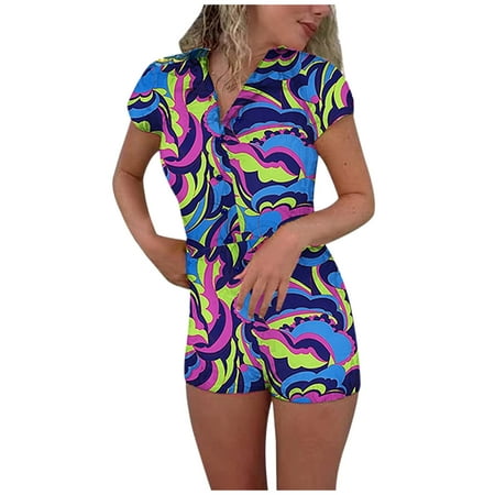 

Women Fashion Knitted Printed Shorts Romper Button-Down V-Neck Jumpsuit Short Sleeve Bodysuit Pyjamas Nightshirt Sleepshirt Nightgown