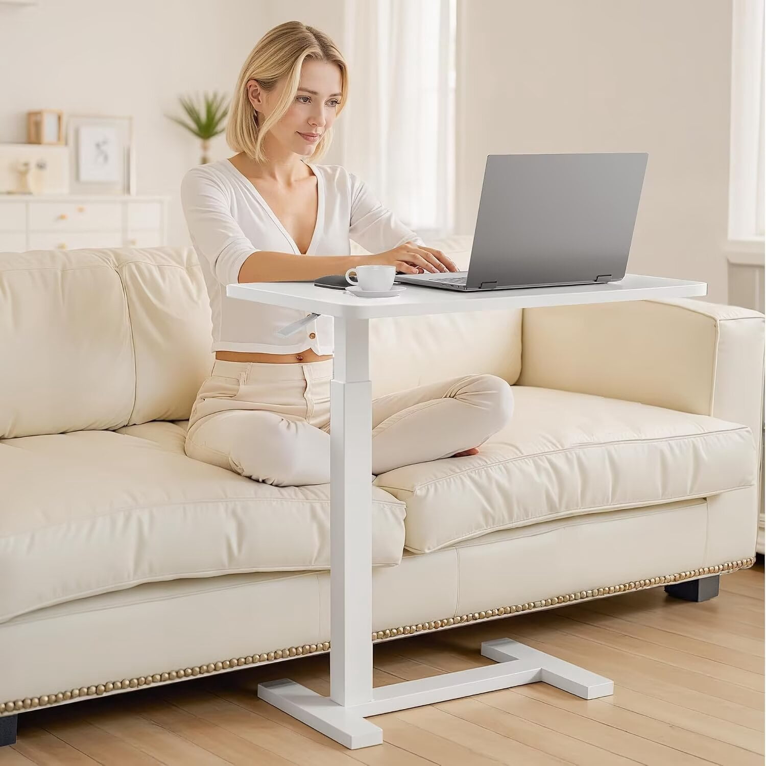 Simple Deluxe Overbed Bedside Table with Hidden Casters, Adjustable Pneumatic Mobile Laptop Computer Standing Desk, Rolling Laptop Table, Movable Overbed Table Hospital Home Use, White
