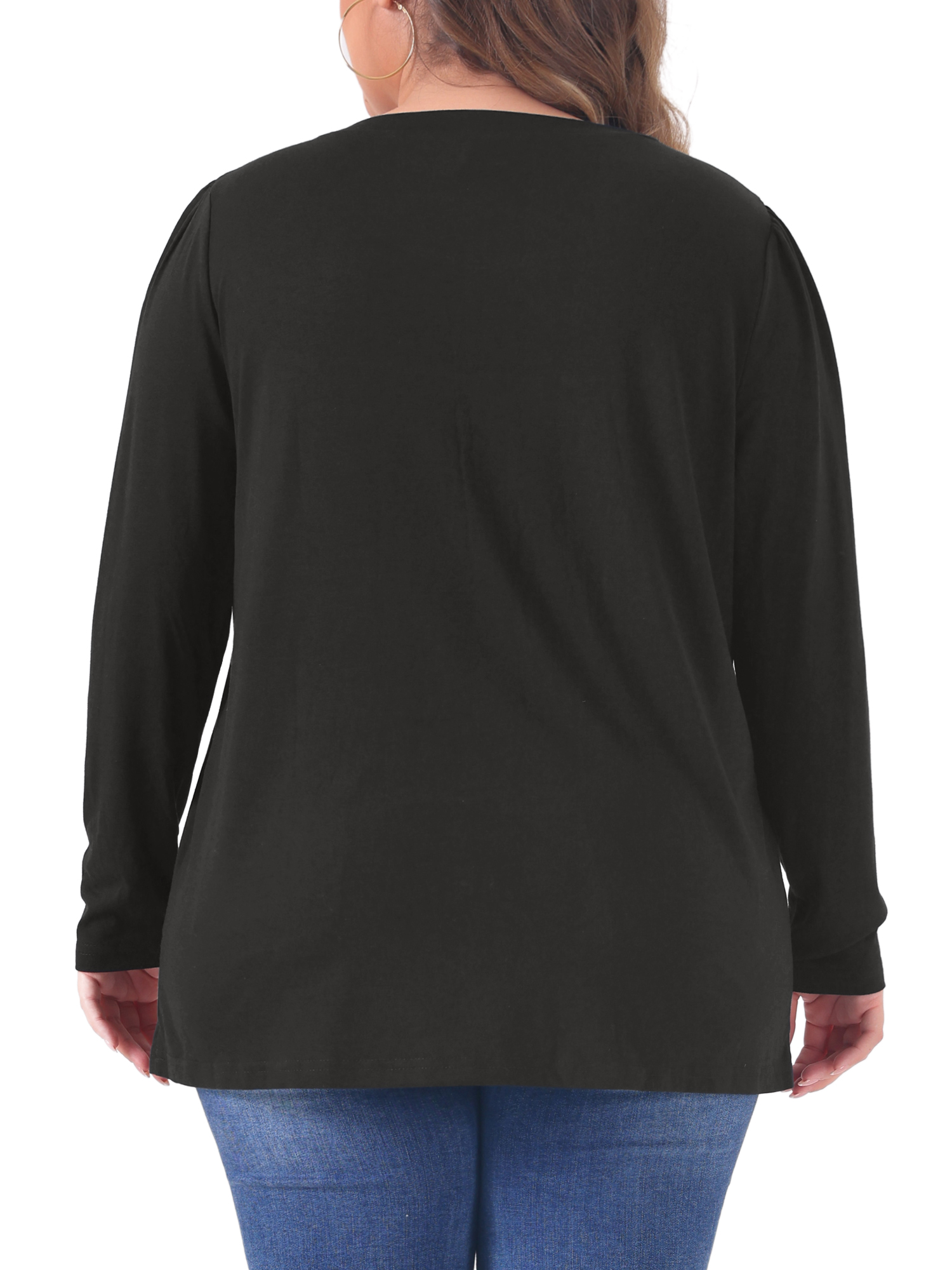 DARING DIVA Women's Plus Long Sleeve Pleated Crew Neck Blouse 1X Black