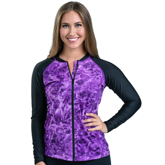 Aqua Design Women’s Full Zip Long Sleeve Rash Guard: Front Zipper Swim Shirt: Liquid Purple/Black size XS
