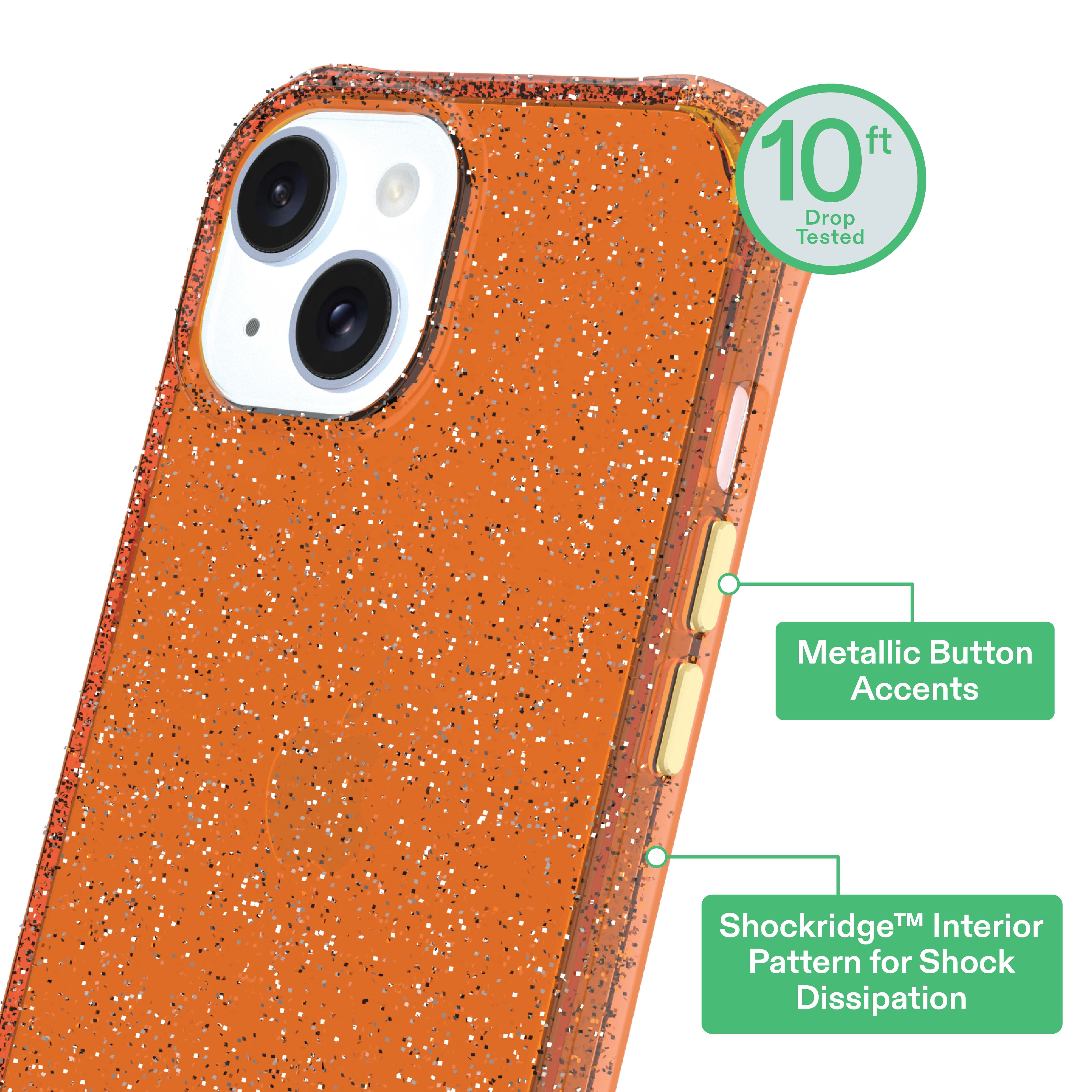 onn Sparkle Phone Case for iPhone 17e / iPhone 16e / iPhone 15 / iPhone 14 / iPhone 13 - Orange with Gold Glitter