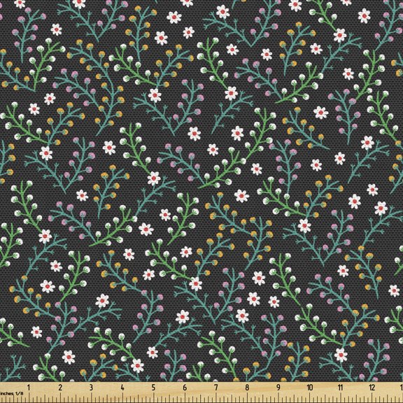 Floral Fabric by the Yard Upholstery, Tiny Petals and Sprouts Growing on Small Stems Tangled Design on Dark Background, Decorative Fabric for DIY and Home Accents, Multicolor by Ambesonne