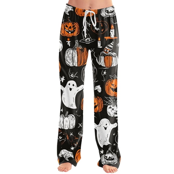Halloween Pajama Pants for Women Ghost Pumpkin Drawstring Funny Pajama Pants Bat Witch Hat Wide Leg Spooky Sleep Pants, M