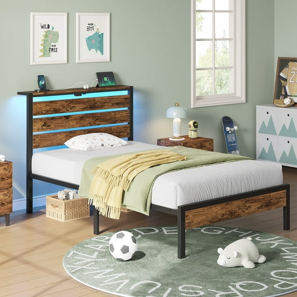 Greenstell Twin Size Platform Bed Frame with Storage Headboard, LED Lights & USB Charging Station, Metal Bed Frame Rustic Brown