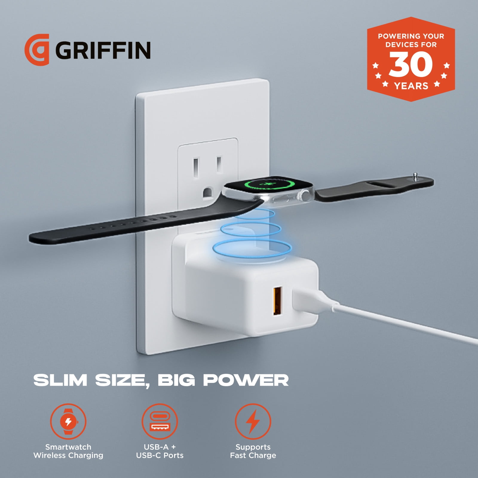 Griffin PowerBlock 20W Wall Charger with Smartwatch Wireless Charging, Dual USB-A & USB-C Ports, Fast Charging for Phones and Smartwatches