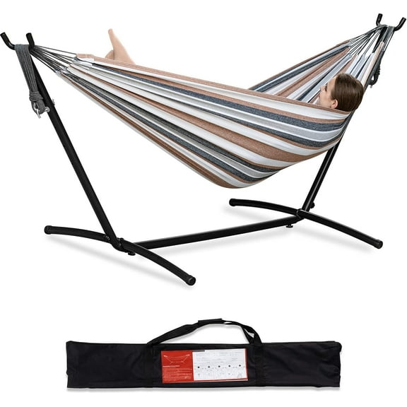 Double Hammock with Space Saving Steel Stand Included 2 Person Heavy Duty Outside Garden Yard Outdoor 450lb Capacity 2 People Standing Hammocks and Portable Carrying Bag (Coffee)