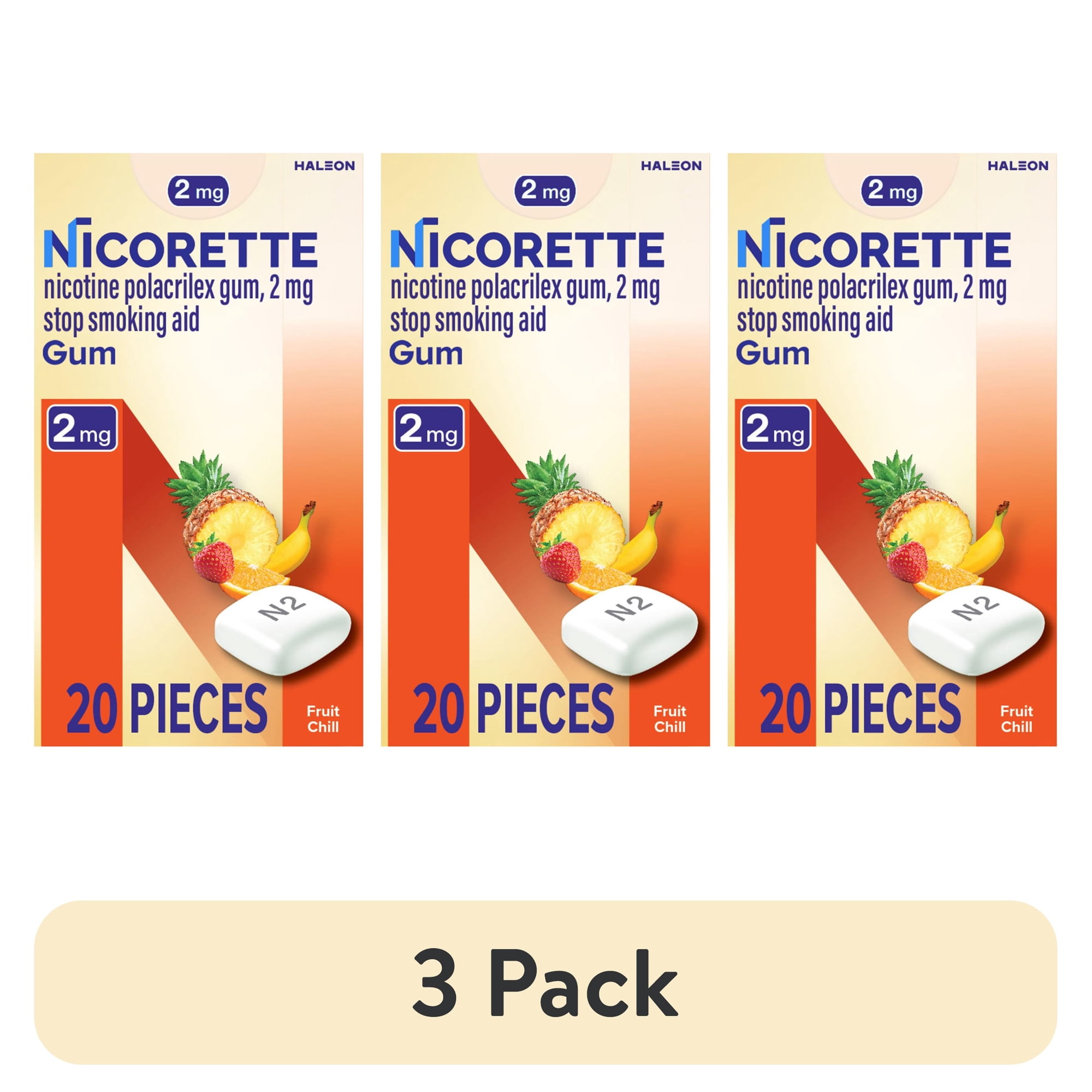 (3 pack) Nicorette Nicotine Gum, Stop Smoking Aids, 2 mg, Fruit Chill, 20 Count