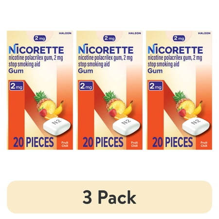 (3 pack) Nicorette Nicotine Gum, Stop Smoking Aids, 2 mg, Fruit Chill, 20 Count