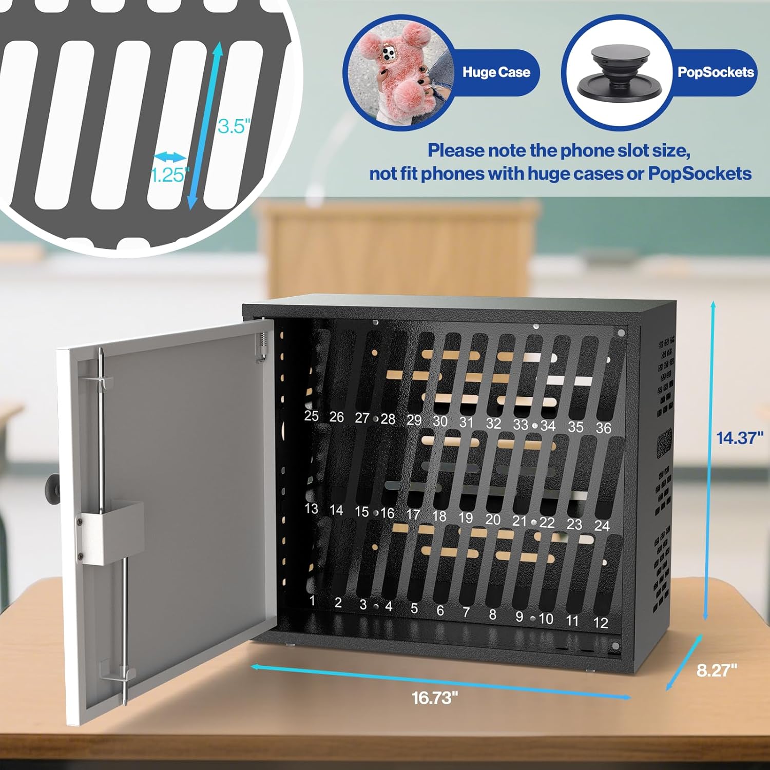 POCHAR 36-Slots Cell Phone Holder for Classroom and Office, Metal Lock Box Storage Cabinet - Phone Caddy with 2 Keys