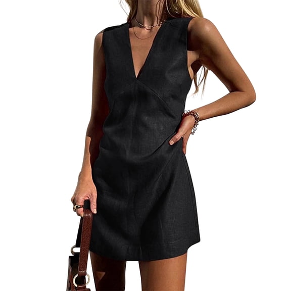 ieFashion Cotton Linen Womens Dresses Sexy V-Neck Sleeveless Basic Tank Dress Chic Elegant Ladies Dresses Summer Sale Vestidos Para Mujer,Black,S
