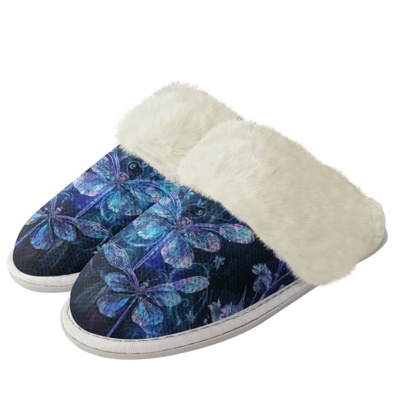 Chririnla Trippy Dragonfly Print Fuzzy Slippers for Women Indoor Novelty Home Shoes with Anti-Skid Sole Plush Slippers for Winter Home