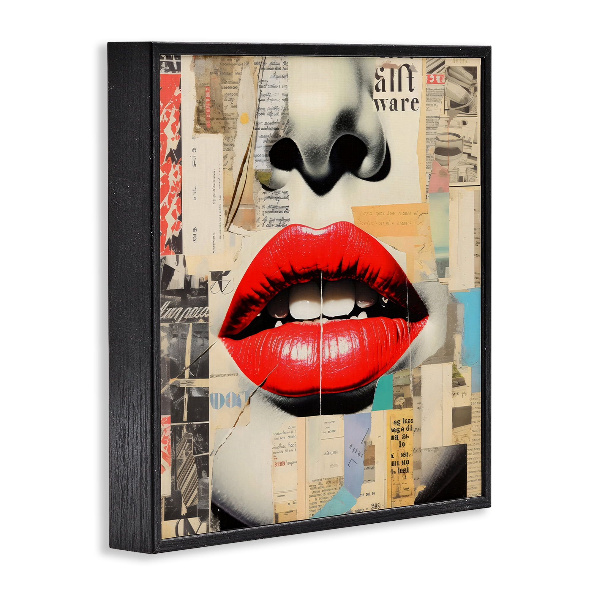 Stupell Industries Fashion Collage with Scarlet Lips Black Framed Giclee Art, design by Creative Studio