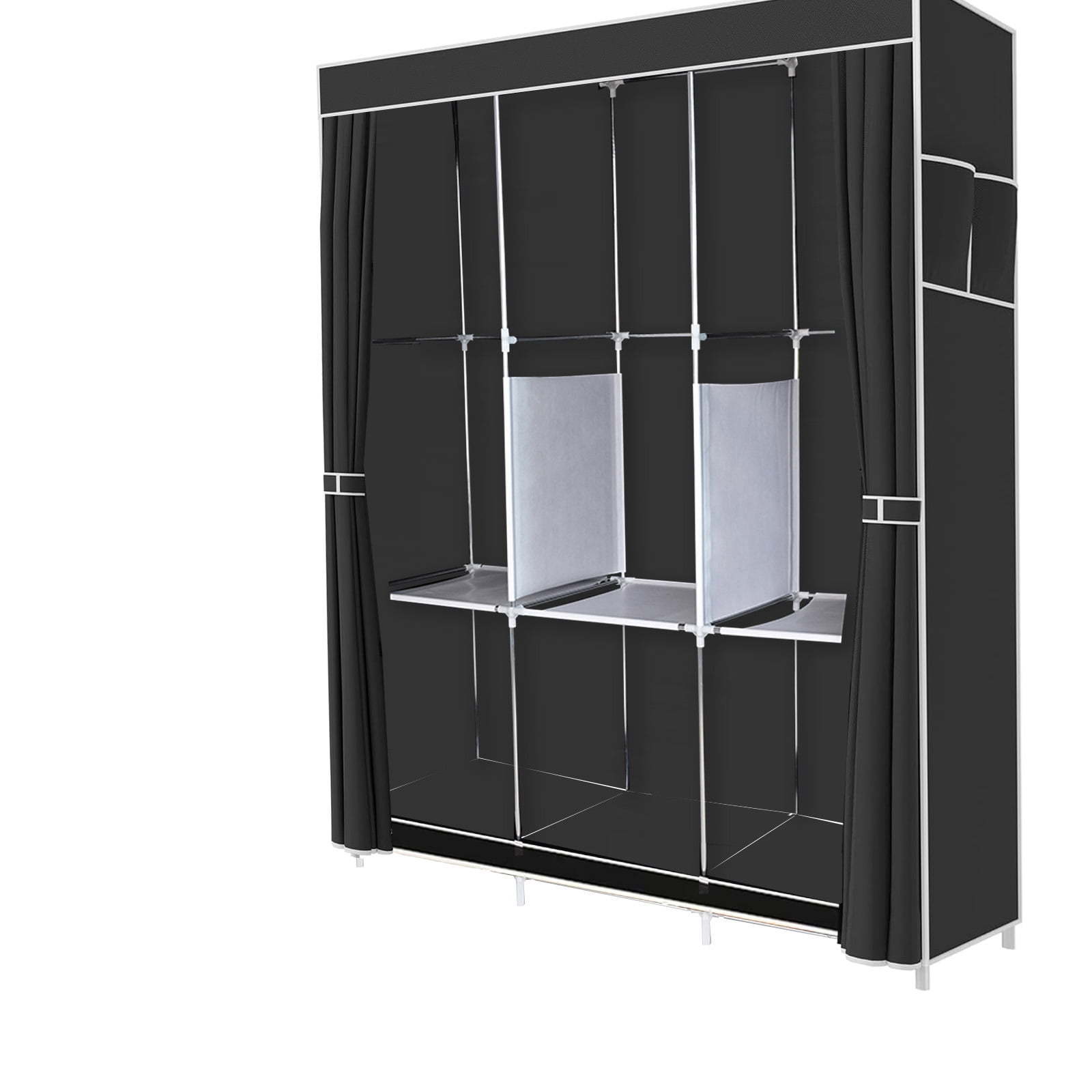 SUSUZI 50" Portable Wardrobe Closet, Black Clothing Organizer with 3 Hanging Rods & 6 Compartments, Steel Frame Storage Rack for Bedroom Walk-in Closet