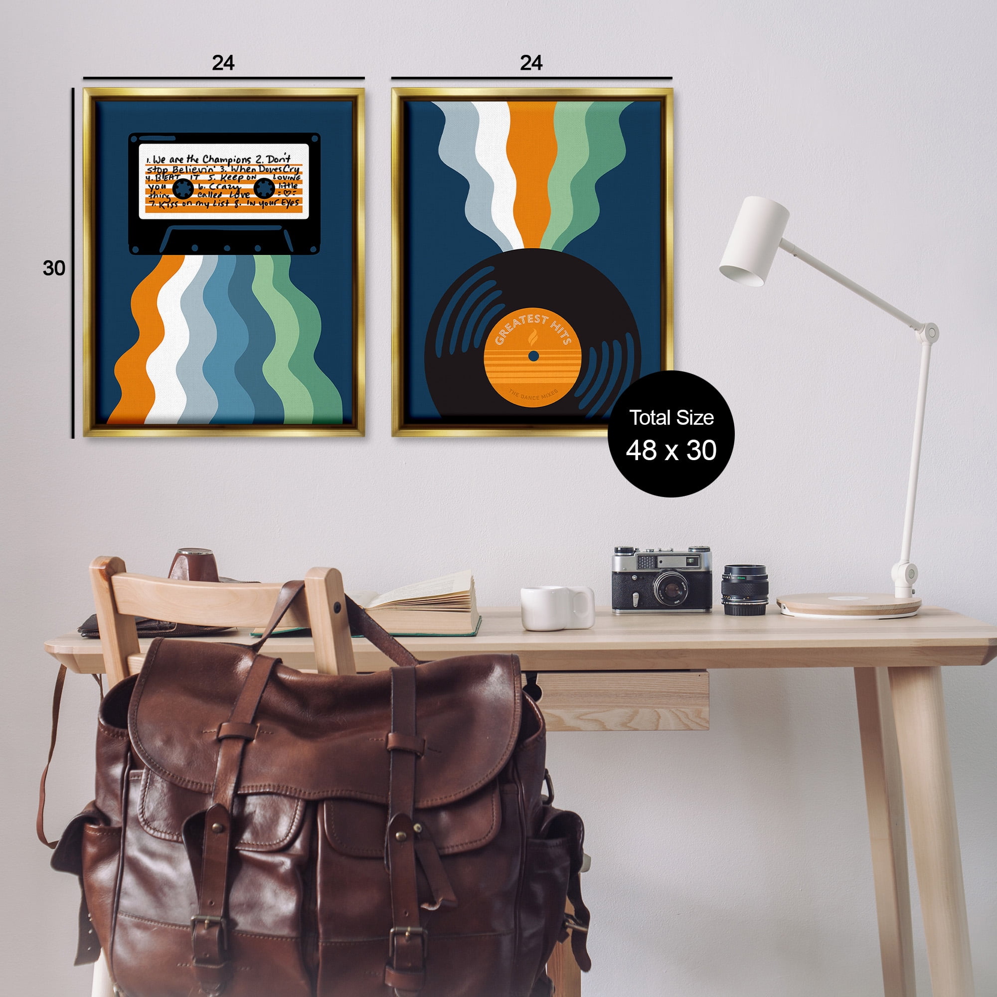 Stupell Industries Retro Music with Stripes Abstract Painting Gold Floater Framed Canvas Art Print Wall Art, 25 x 31, Set of 2