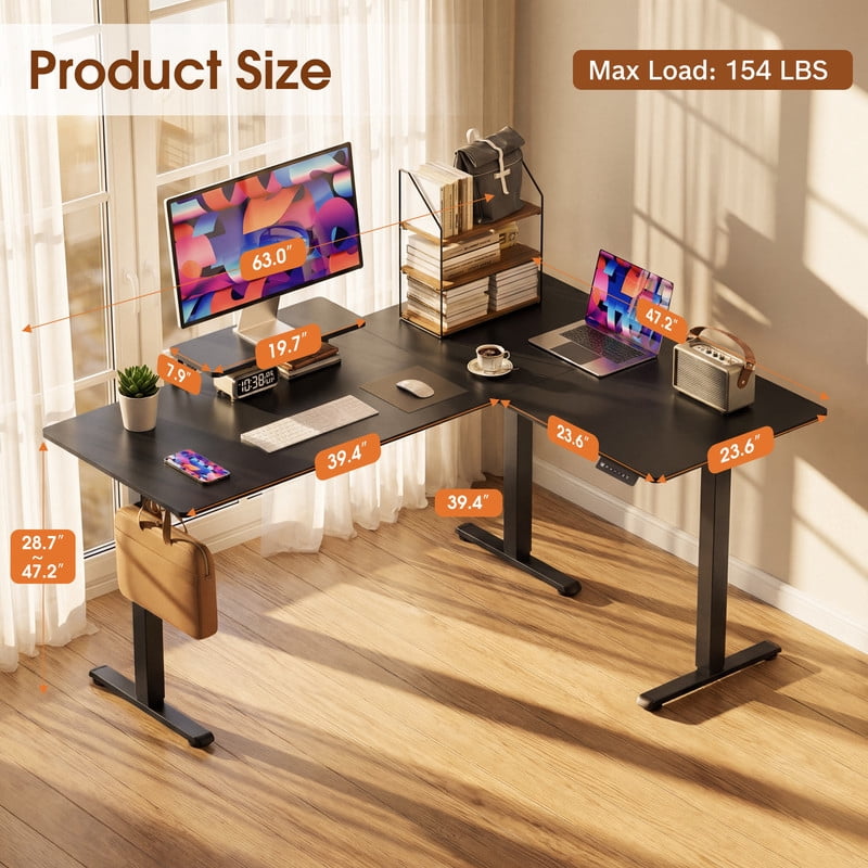Homall L-Shaped Electric Standing Desk with Monitor Stand, 63 x 48 inch Height Adjustable Sit Stand Corner Desk, Computer Workstation for Home Office, Black