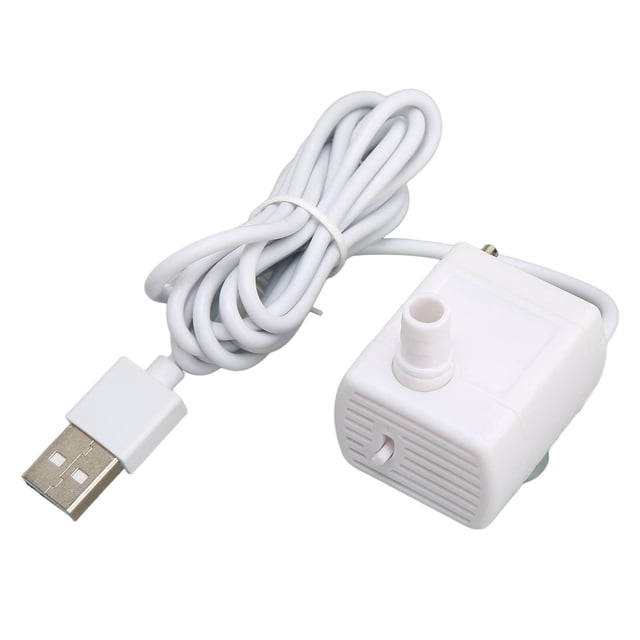 Cat Fountain Water Pump, a quiet and ultra quiet adjustable pet water fountain pump made of durable ABS material. Features a USB-powered design with a 148.5cm (58.4in) power cord and an adjustable water flow knob. Compatible with various pet water fountains and operates at 5V low voltage.